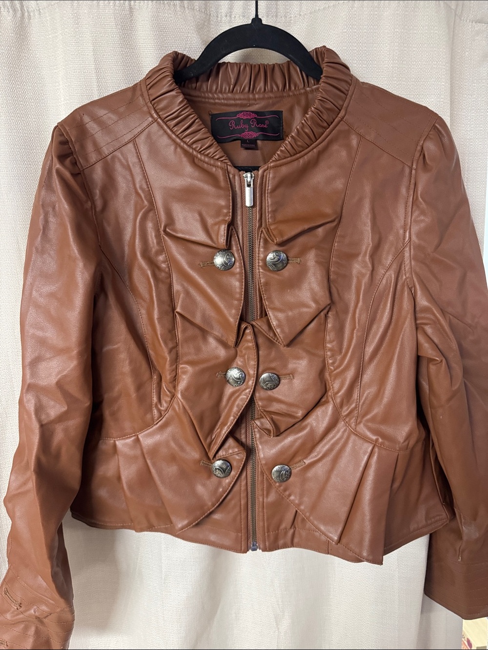 Women's Brown Faux Leather Ruffle-Front Jacket